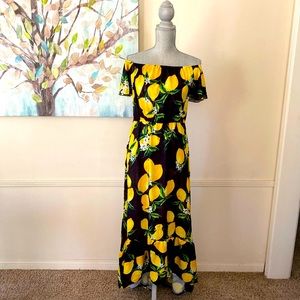 RUIYIGE 🍋BLACK LEMON PRINT🍋 OFF-THE-SHOULDER MAXI DRESS SIZE MEDIUM 🌟EUC🌟
